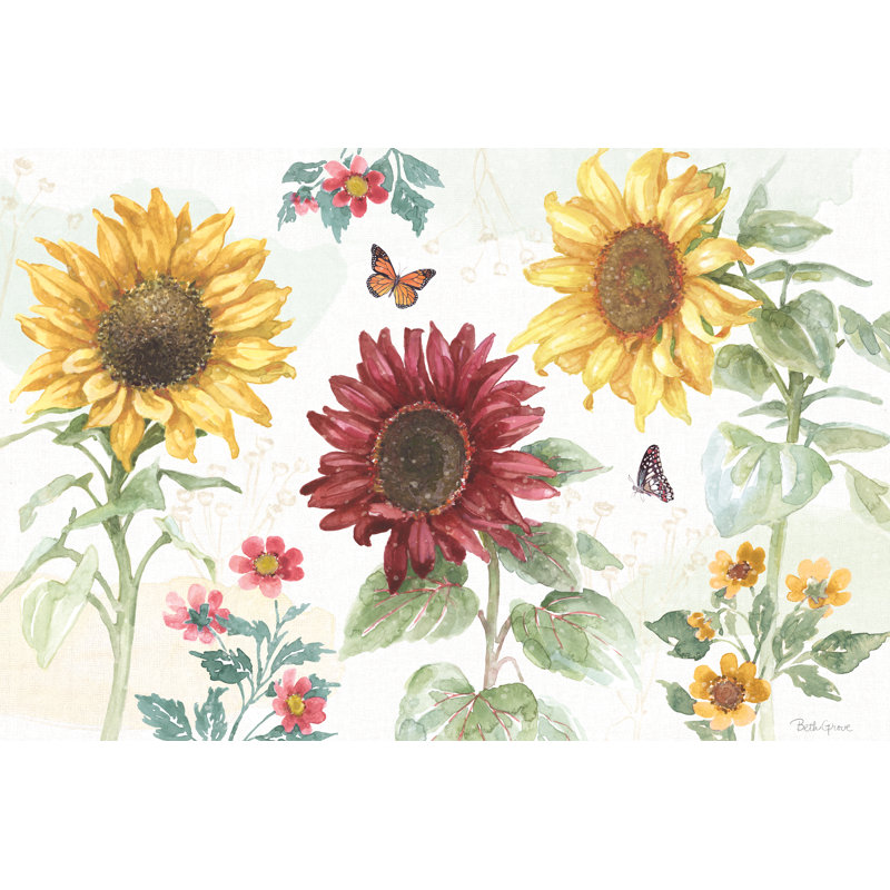 «Sunflower Splendor IV» par - peinture sur toile tendue, H 32 po x l 48 po x P 1,25 po