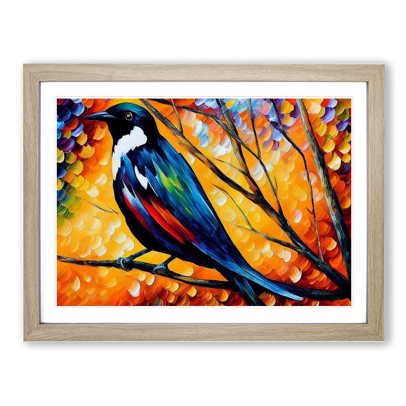 Magpie Bird  Vol.5 Abstract 1 Piece Single Picture Frame Painting, 25cm H x 34cm W x 2cm D, Oak