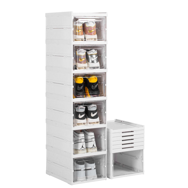 Shoe Storage Box, No Assembly Required, 6 Layers Foldable, With Transparent Door, White