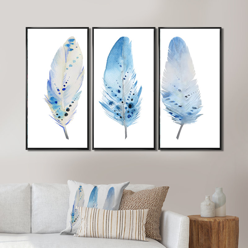 Blue Boho Feathers II - 3 pièces, reproduction sur toile, Cadre noir, H 28 po x l 36 po x P 1 po