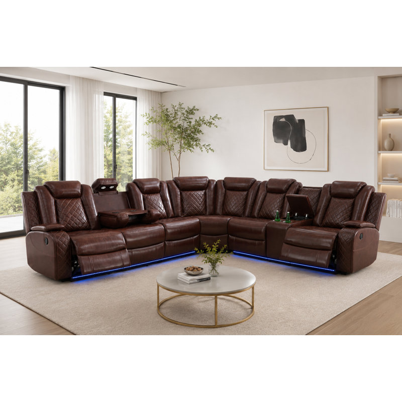 3 - Piece Vegan Leather Power Reclining Sectional Sofa Set with LED Lights and Wireless Charging Station, Brown Faux Leather