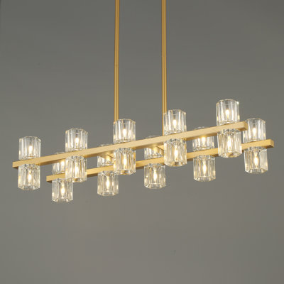 Lustre 20 lumières en cristal doré | Lustres rectangulaires pour salle à manger L32 pouces | Le luminaire de la salle à manger s'applique à l'îlot de cuisine | Bar | Restaurant | 20 ampoules G4 (incluses)