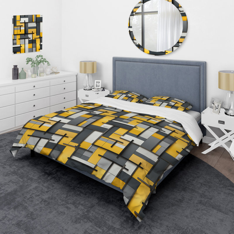 Yellow And Grey Geometric Blocks Harmony - Ensemble de housse de couette géométrique