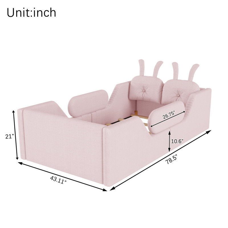 Upholstered Platform Bed with Rabbit Cushion, Blue