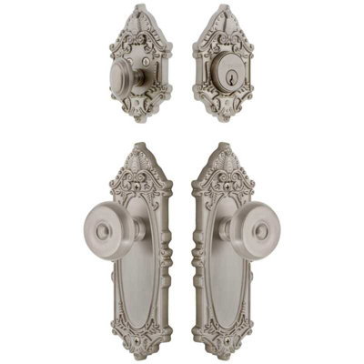 Grandeur Grande Victorian Long Plate Entry Set with Bouton Knob in Satin Nickel