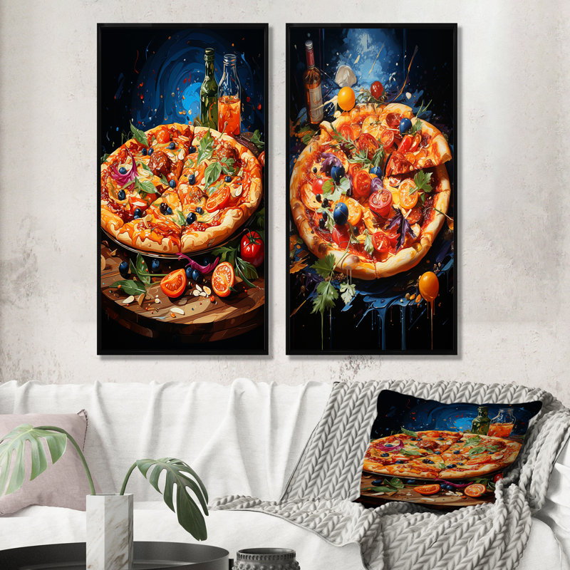Delicieuse Vegi Pizza Pleasures - Ensemble de salon mural pizza 2 pièces, H 40 po x l 41 po, Cadre noir