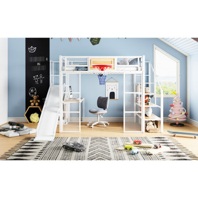 Lit mezzanine en métal blanc avec bureau intégré, garde-robe, cerceau, glissade, escalier