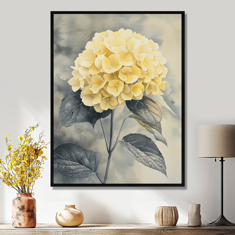 Fleurs d'hortensia jaune doux II - hydrangées murales, Noir, Reproduction avec cadre flottant, H 20 po x l 12 po