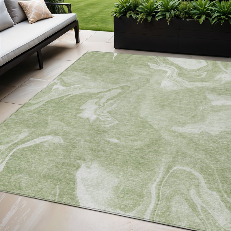 Tapis d'extérieur lavable abstrait vert artichaut 5 pi x 8 pi vert fougère et ivoire