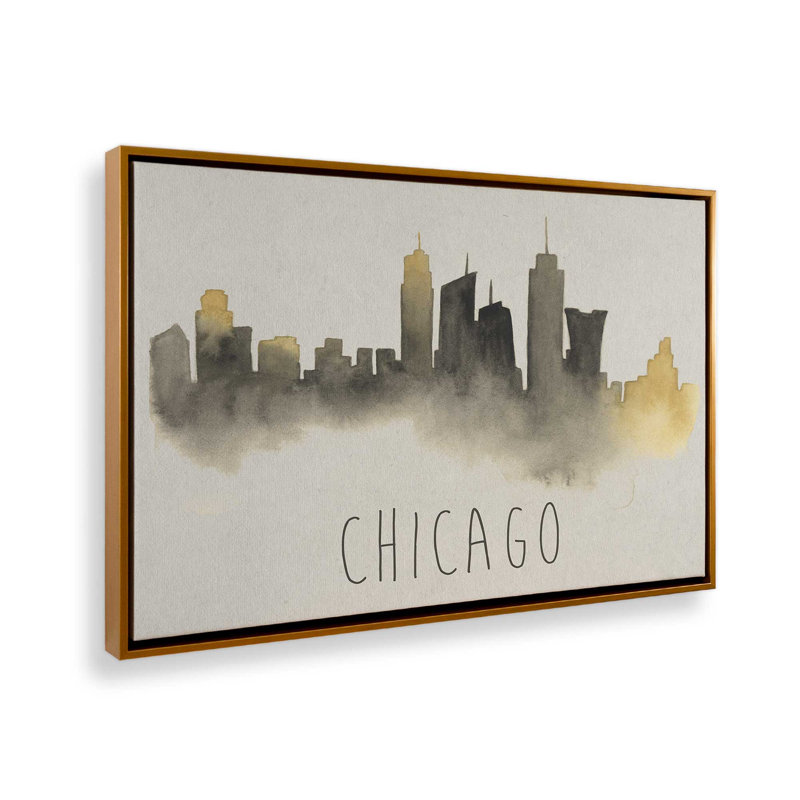 Chicago Skyline Fade, H 24,75 po x l 36,75 po, Cadre flottant, Or poli