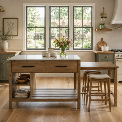 Extendable Kitchen Island with Marble-Look Top & Pull-Out Side Table - Pine Wood & MDF Storage Cart with Drawers and Open Shelves for Small Spaces
