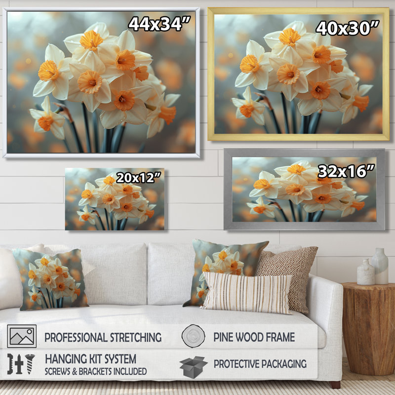 «White Orange Trumpet Of Hope Daffodils - Daffodils», art mural, Cadre simple noir, H 16 po x l 32 po