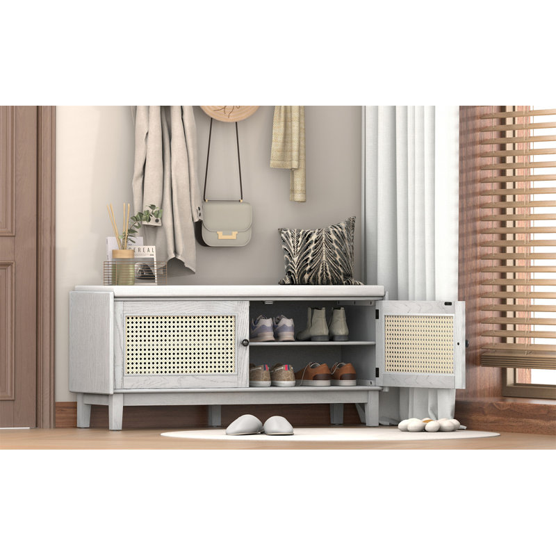 Banc en rotin avec rangement Boho, Gris délavé