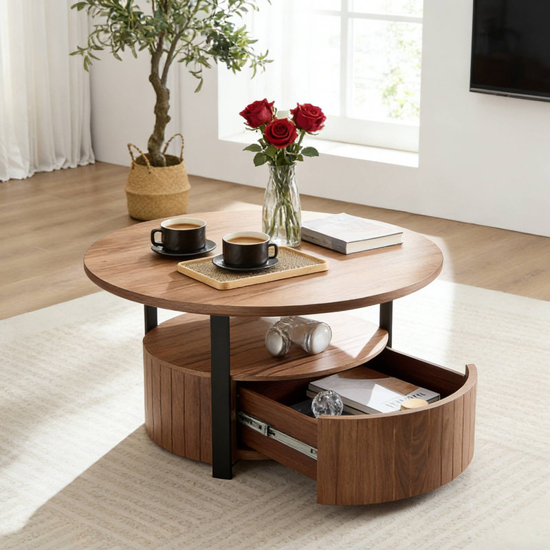 Walnut Round Coffee Table 33.07", MDF Storage Table With Drawer For Lounge Home Office Studio, Walnut