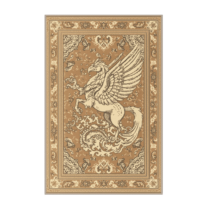 Machine Washable Osazee Hippogriff Classic Oriental Rug in Brown – Beige Binding, 3 x 5