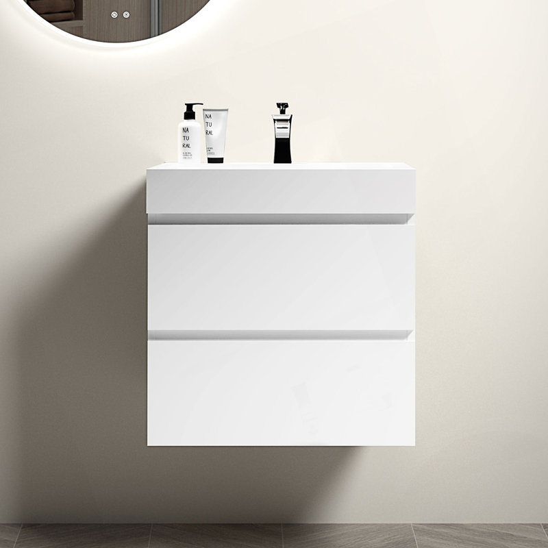 Meuble-lavabo de salle de bain avec lavabo, grand meuble-lavabo mural avec rangement, 24", Blanc