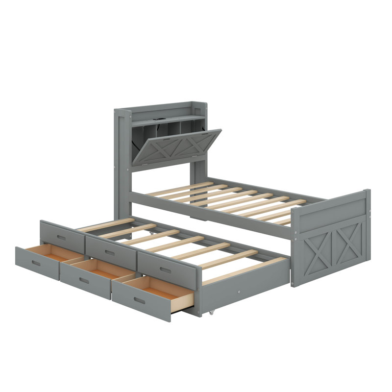 Twin Size Wooden Bed With Trundle, Gray