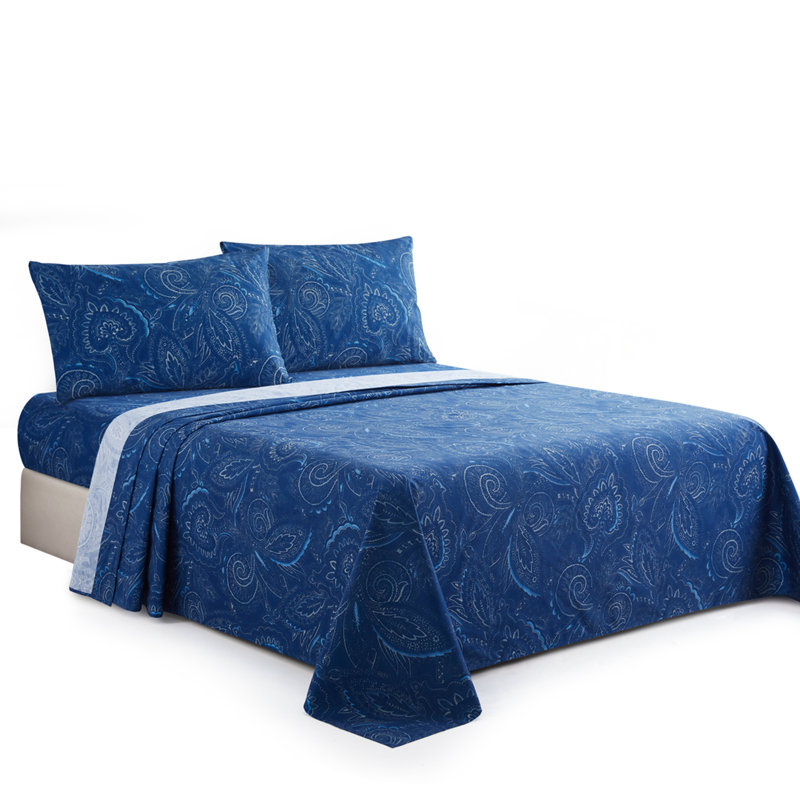 Marina Decoration 600 Thread Count Home Bedding Bedroom Soft Bedsheet Deep Pocket Hotel Standard Percale All Season 4 Pieces Printed Cotton Sheet Set, Navy Blue Paisley Pattern Double/Full Size