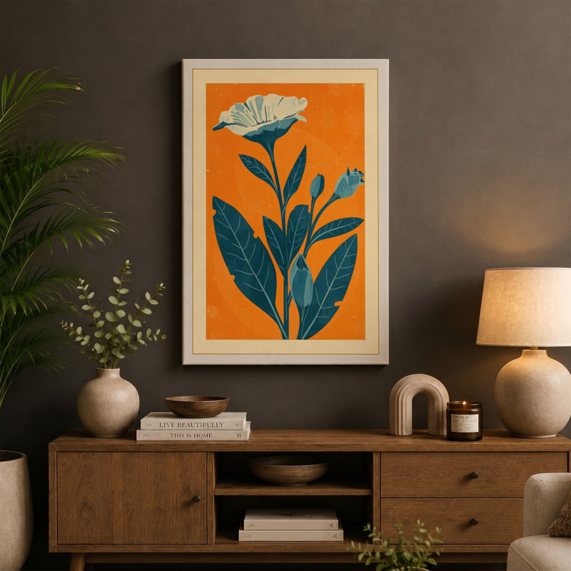 Bloom in Orange Botanical - Wrapped Canvas, 36x24 - 91.4 x 61.0 cm, Teal Border