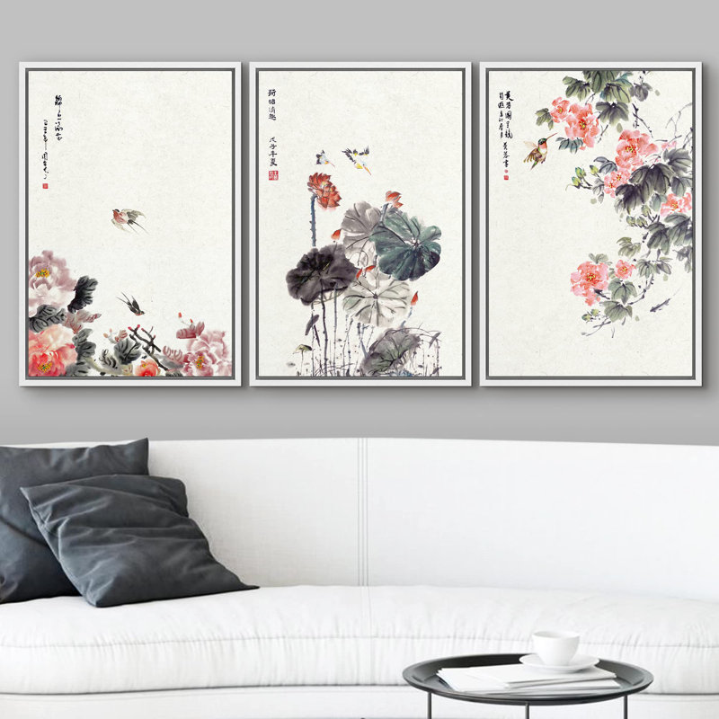 Décoration murale moderne à l'encre de chine, fleurs et oiseaux, Cadre flottant blanc, H 36 po x l 72 po