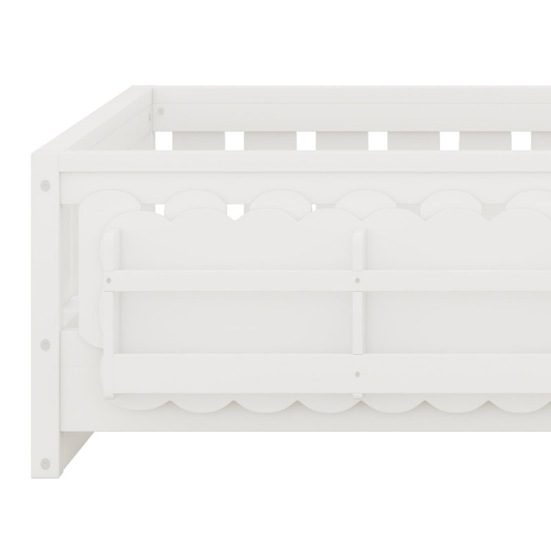 Lit plateforme peu encombrant avec garde-corps et tablette de rangement, Lit simple, Blanc