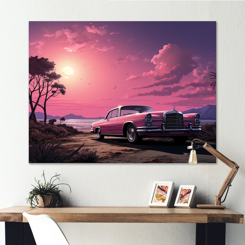 Rose Cadillac sur la plage au coucher du soleil II - voiture, art mural américain ancien, Toile tendue