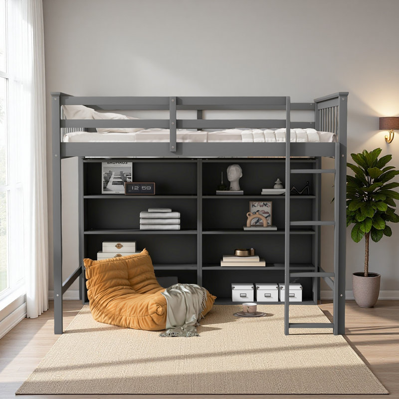 Lit mezzanine avec 8 tablettes de rangement ouvertes, Lit simple, Gris antique