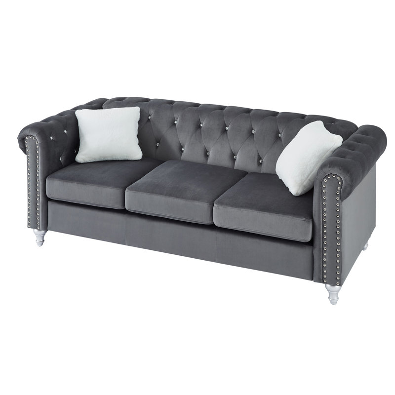 Julianne 82" Rolled Arm Chesterfield Sofa, Gray Microfiber /Microsuede