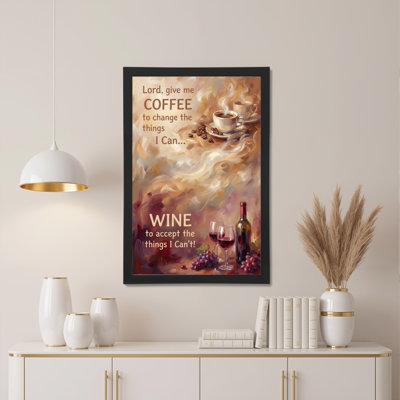 Tableau sur toile tendue avec citation inspirante sur le thème du café et du vin, représentant une tasse et une bouteille, idéal pour la décoration de la cuisine ou du salon.