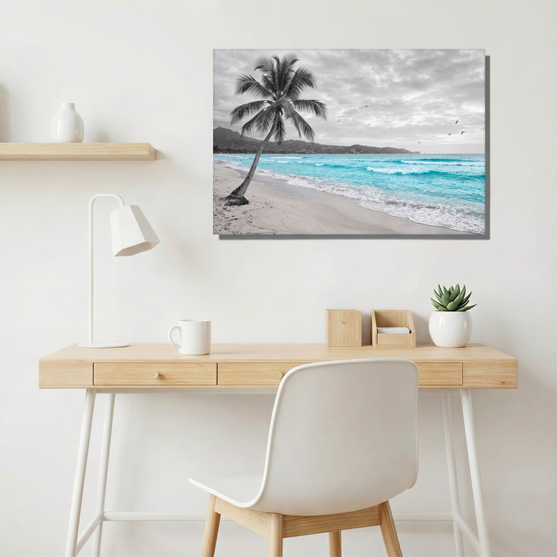 Art mural sur toile de palmier noir et blanc sur une plage turquoise, H 16 po x l 24 po