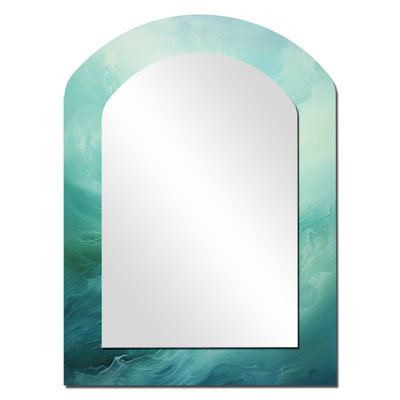 Teal Storm And Wave Expression - Waves Arch Decorative Mirror, Blue Asymmetrical Wall Mirror, Printed Metal Art