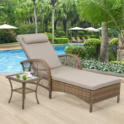 Outdoor Wicker Lounge Chair Set, 6-Position Adjustable Patio Chaise Lounge w/Side Table, All Weather Lay Flat Pool Sunbathing Recliner, Armrest & Head Pillow, Fade-Resistant, Beige