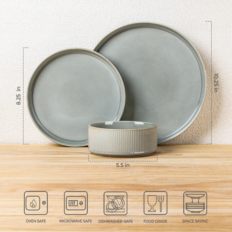 Service de table en céramique 12 pièces pour 4 personnes - Ensemble de bols et assiettes en porcelaine légère | Résistant aux égratignures | Va au four, au micro-ondes et au lave-vaisselle