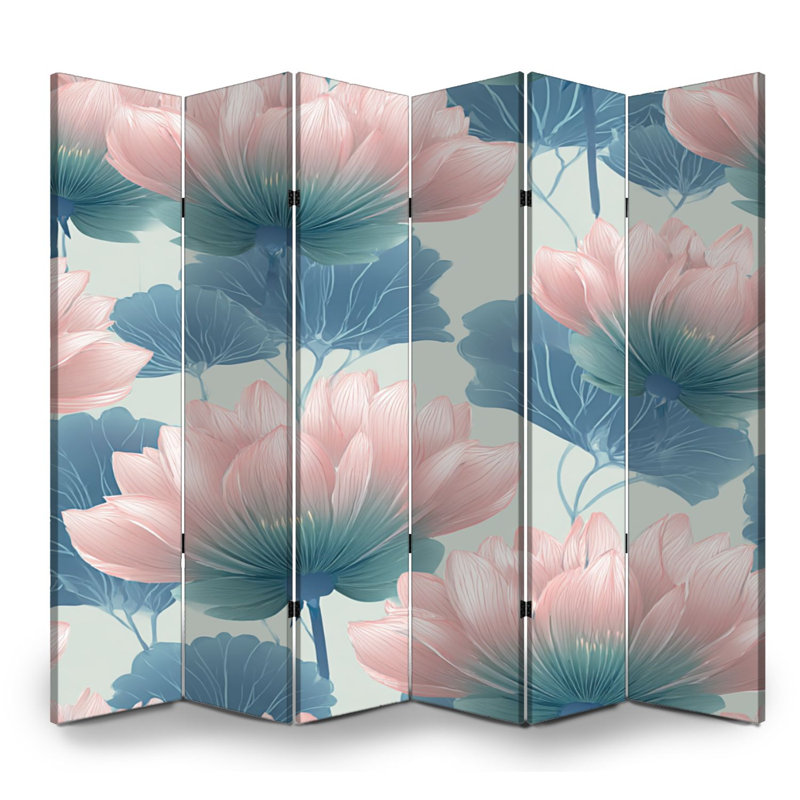 Cloison pliante à 6 panneaux avec paravent en toile de fleur de lotus rose et bleu, 6, H 71 po x l 96 po x P 1 po