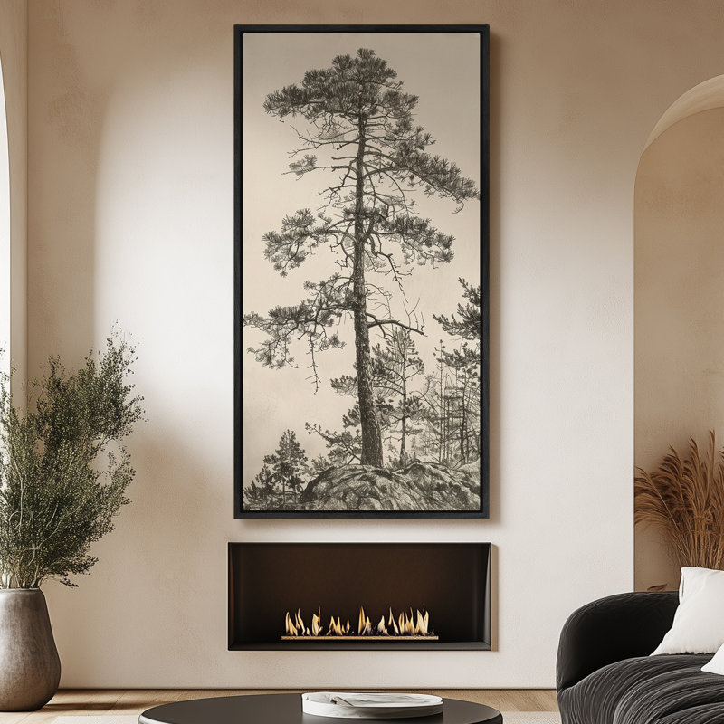 Vintage Pine Tree Drawing Classic Country Rustic Artwork - Extra Large Framed Wall Art Canvas Print, 60" H x 30" W, Black