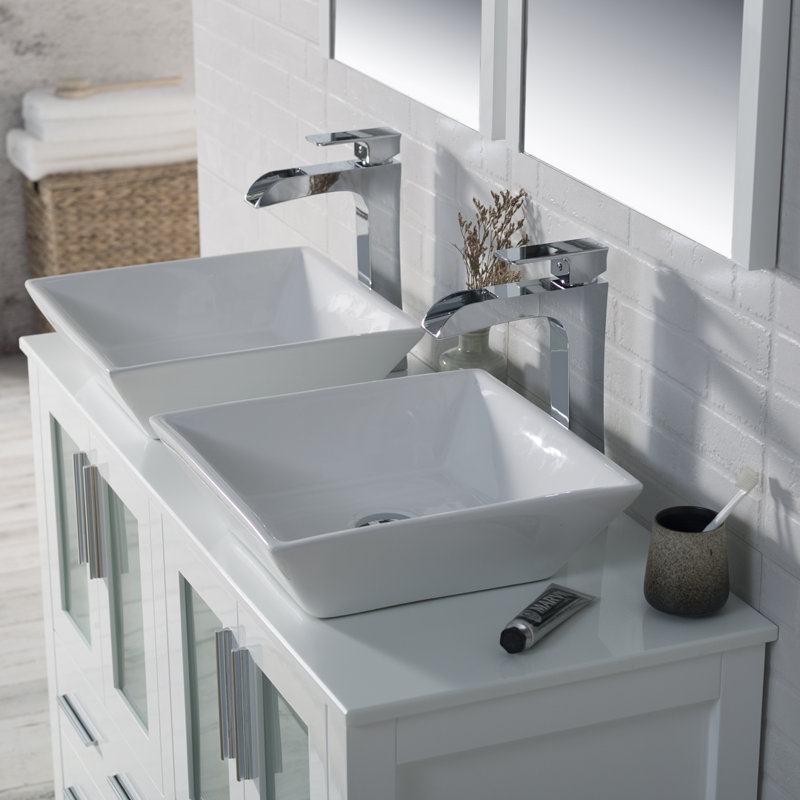 Mance 47.625'' Double Bathroom Vanity with Ceramic Top with Mirror, Glossy White