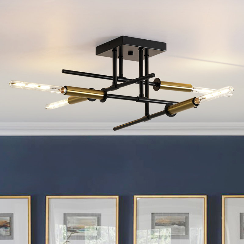 4 - Light Black And Gold Sputnik Linear Semi Flush Mount