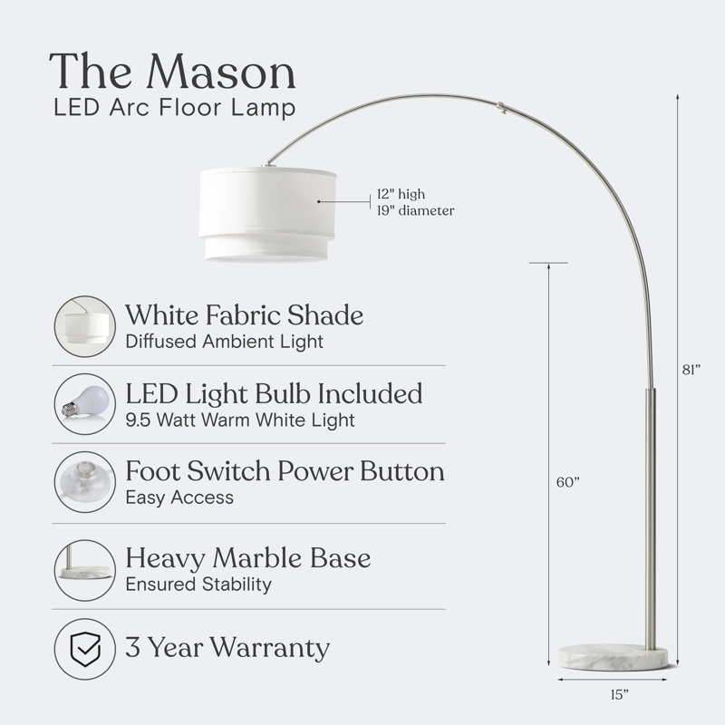 Mason 81" Modern White LED Arc Floor Lamp with Adjustable Drum Shade