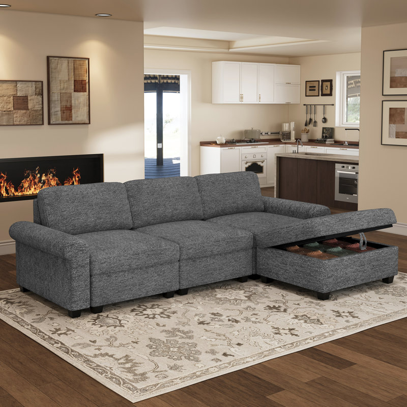Canapé modulaire compact en L compact, tissu chenille, structure en bois massif pour les petits espaces, Light Grey Chenille
