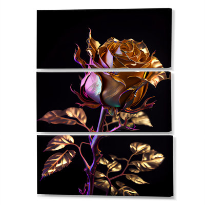 Glam Golden Rose On Black III - Floral Rose Canvas Wall Art Set -  Design Art, PT81206-3PV