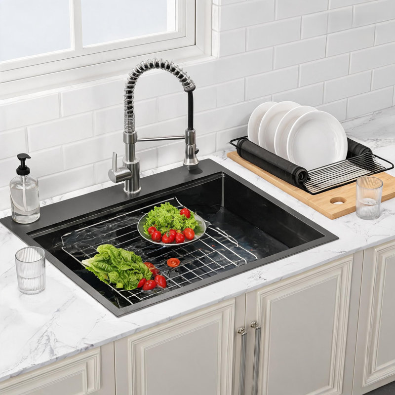 Évier de cuisine à encastrer à cuve en acier inoxydable noir de 91,4 cm x 55,9 cm (36 po x 22 po), avec planche à découper, passoire et grille.