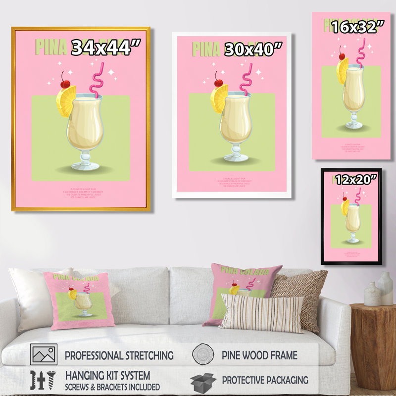 Porto Rico Pina Colada Cocktail II - Art mural cocktails, Toile encadrée noire simple, H 44 po x l 34 po x P 1,5 po