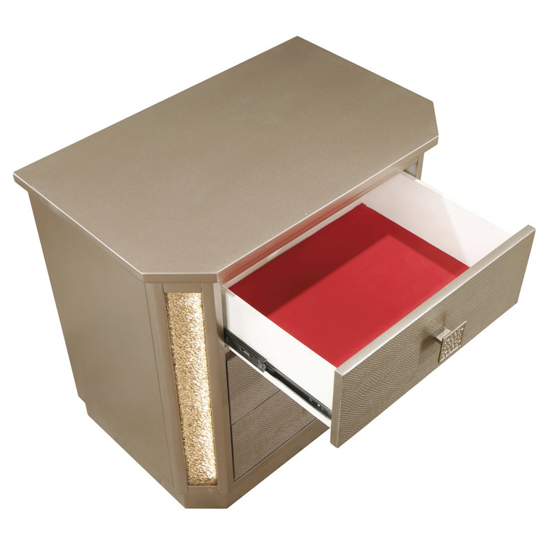 Table de chevet pour chambre à coucher avec 3 tiroirs dorés et 3 lumières DEL