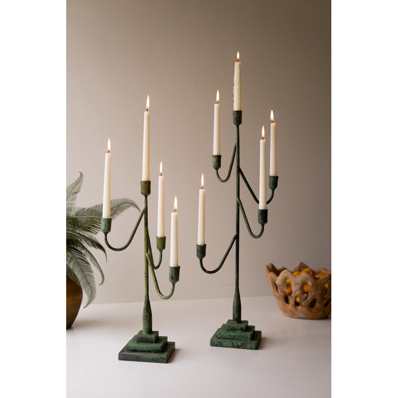  Green Patina Metal Candelabras Set of 2 -27" Tall Rustic Candle Holders