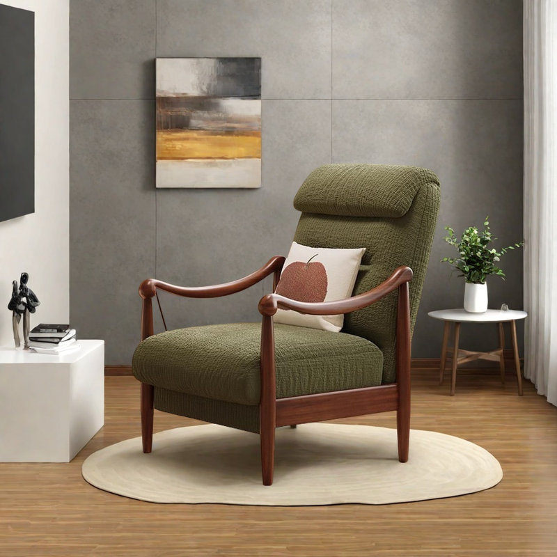 Comfortable lounge chair made of ash wood, Green Chenille