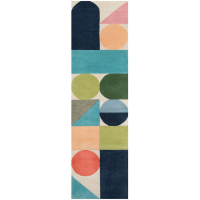 Tapis bleu / vert / orange en laine touffeté à la main à motif géométrique Glory