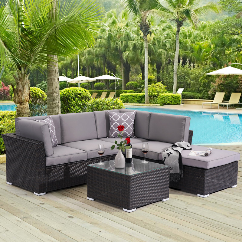Ensemble de conversation modulaire en rotin avec coussins 4 pièces Elra, gris