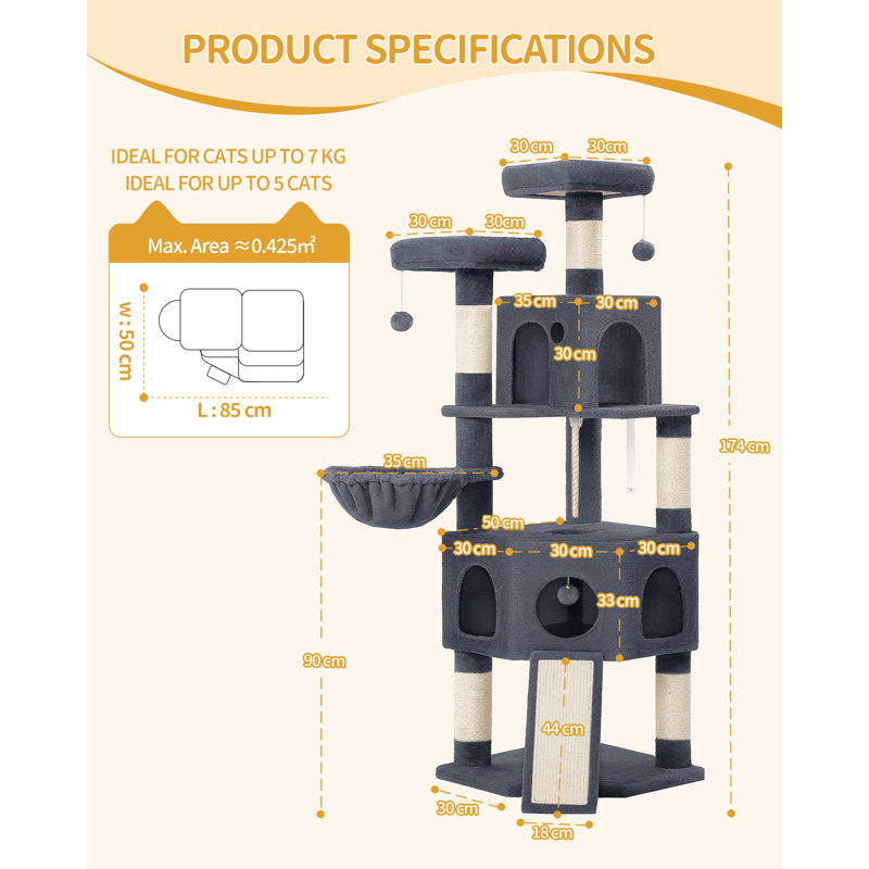 Cat Tree for Indoor Cats, 174cm Cat Tower for Large Cats, 2 Platforms, 2 Caves, 4 Sisal Posts, Scratching Board, Cat Basket, Sisal Rope, Heavy-Duty for multiple cats