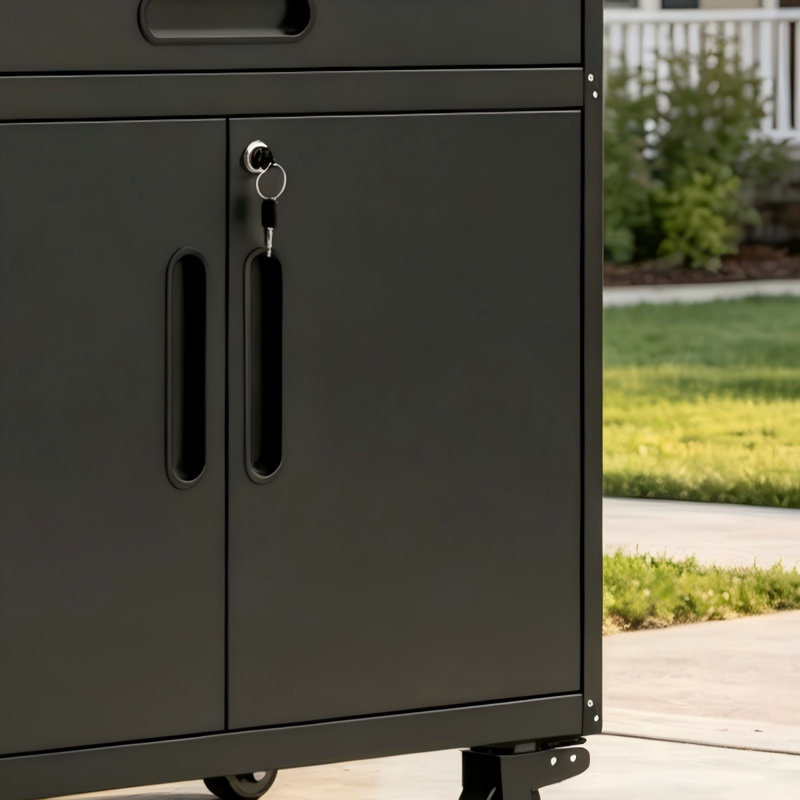 Armoire de rangement mobile à outils en acier avec compartiments verrouillables et quatre tiroirs, rangement multifonctionnel pour les ateliers et les garages.