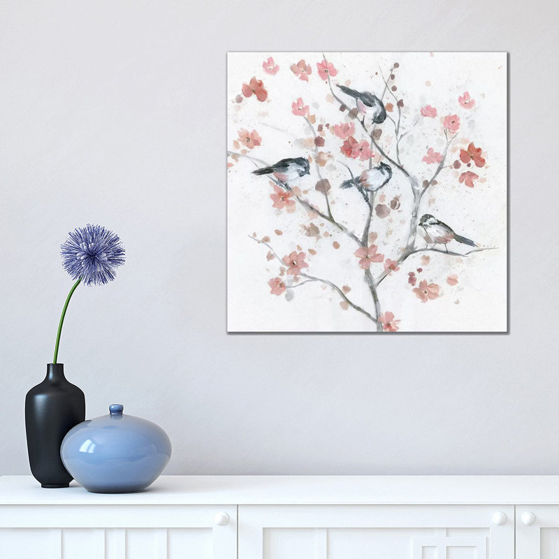 Chickadees In Spring II par Nan - reproduction, H 18 po x l 18 po x 1,5 po, Toile tendue, Pas de tapis